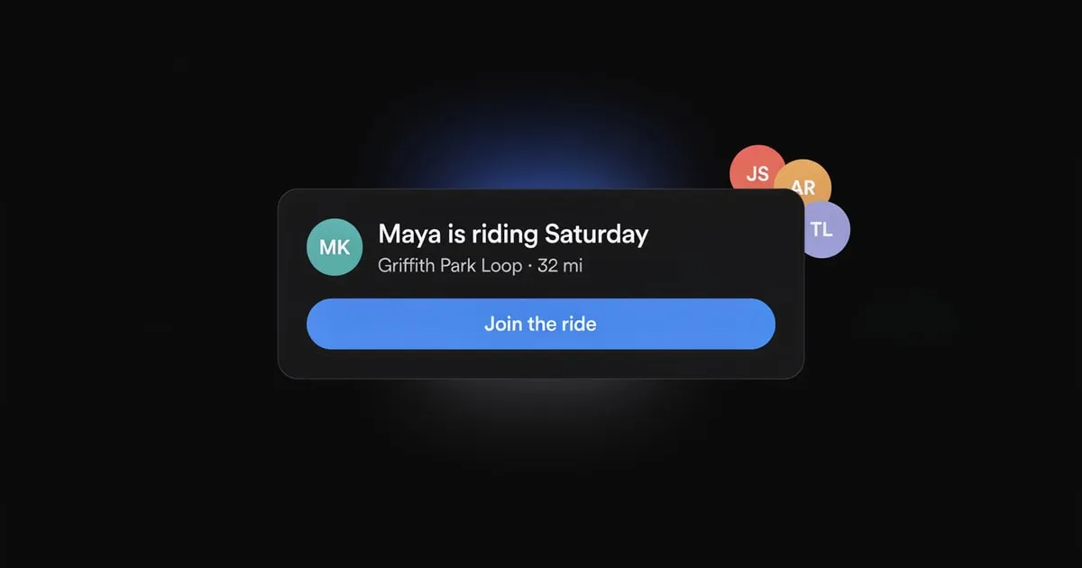 A feed card showing Maya riding Griffith Park Loop on Saturday, with a blue "Join the ride" button