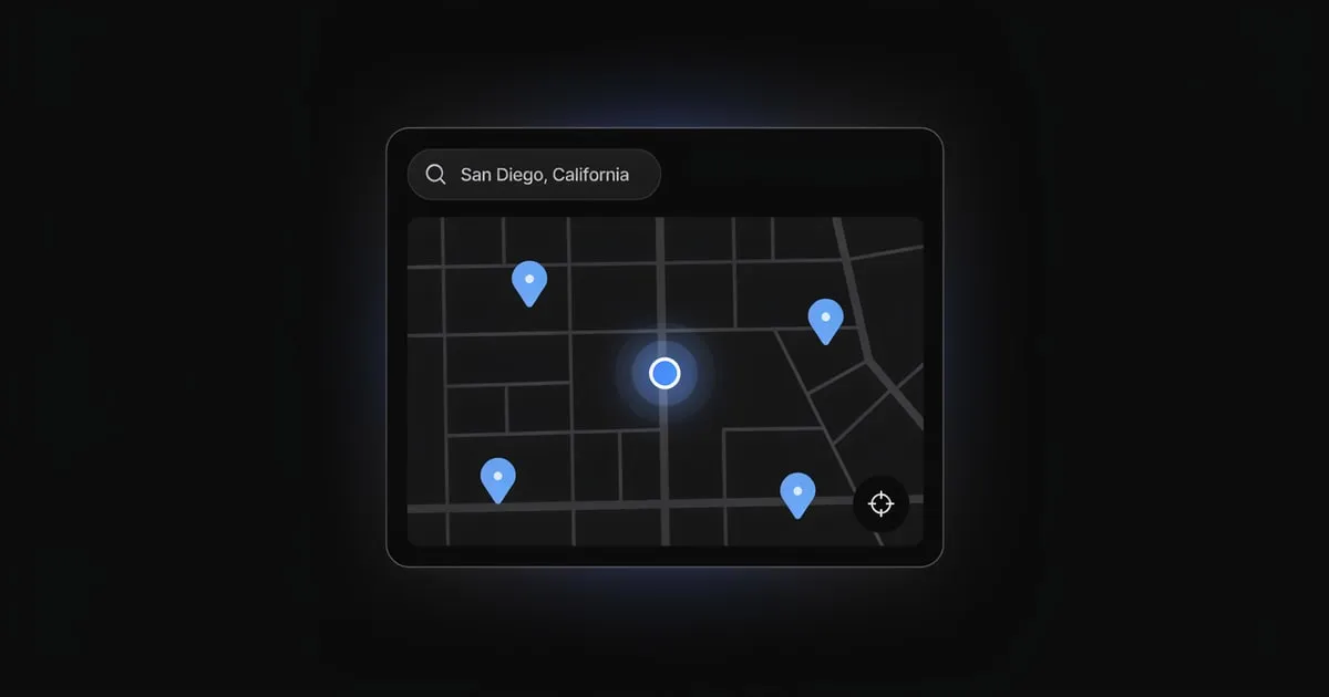 A dark map with a blue current location dot, nearby ride markers and a "San Diego, California" search bar