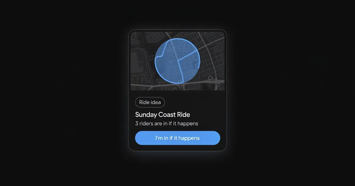 A "Ride idea" card for Sunday Coast Ride with a highlighted map area and an "I'm in if it happens" button