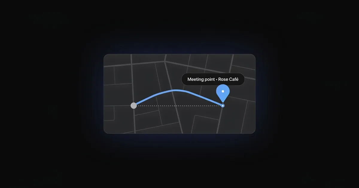 A dark map with a meeting point pin labelled "Rose Café" moved off the start of a blue route line