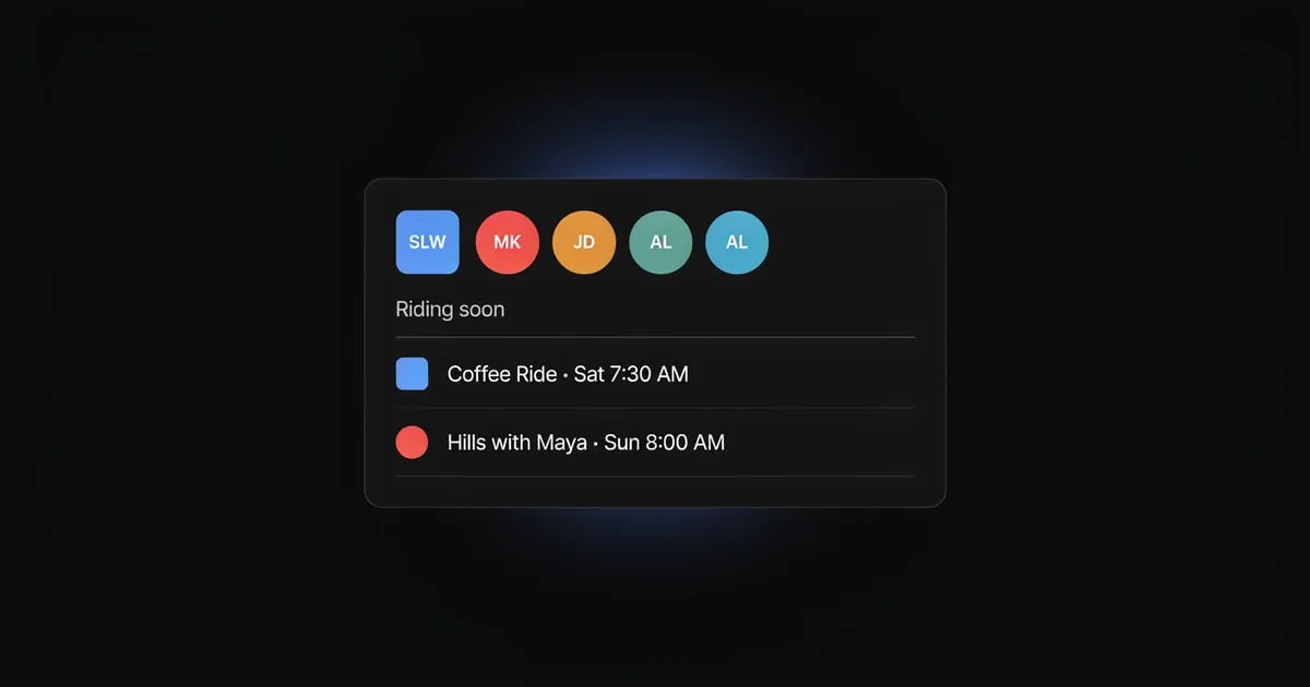 A card with club and friend avatars above a "Riding soon" list of upcoming rides