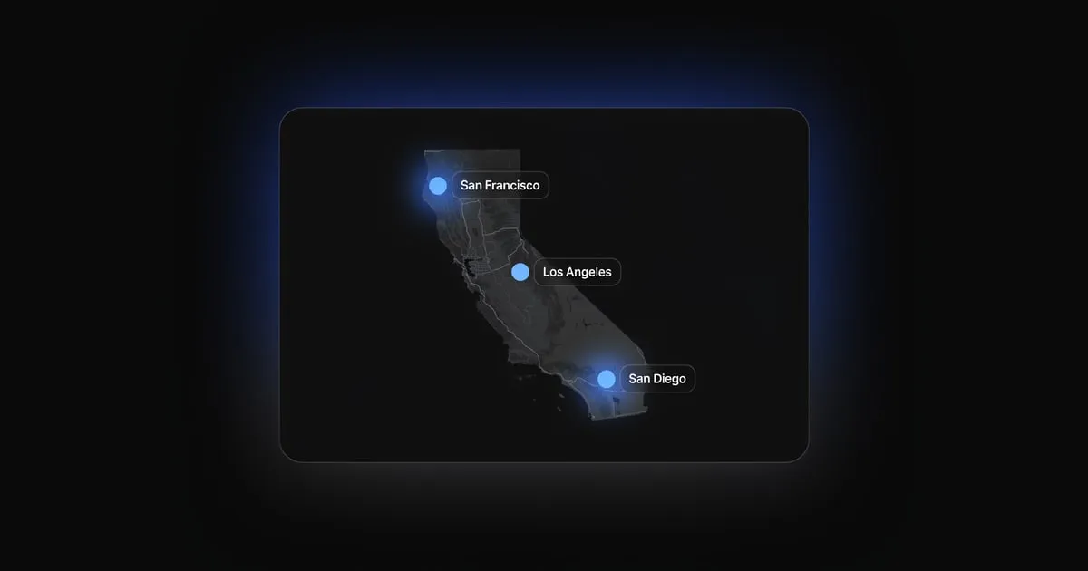 A dark map of California with San Francisco, Los Angeles and San Diego marked