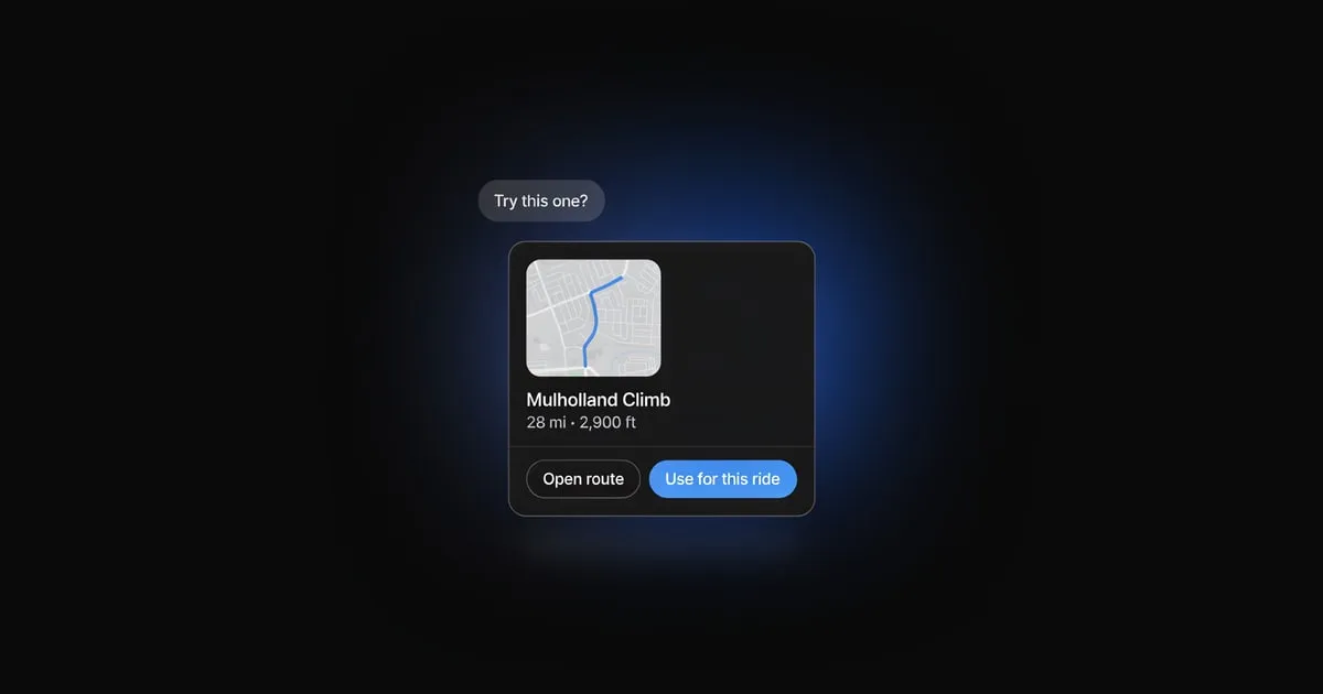 A chat message with a Mulholland Climb route card and "Open route" and "Use for this ride" buttons