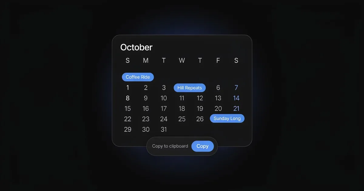 An October calendar with Coffee Ride, Hill Repeats and Sunday Long rides and a "Copy" button