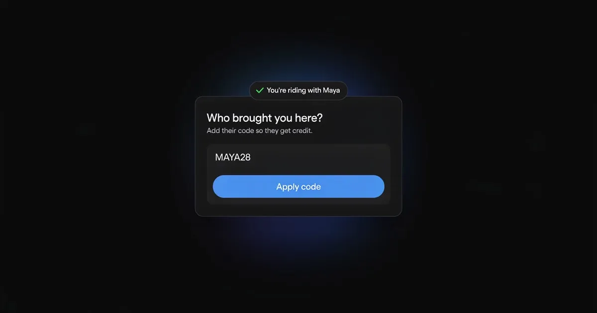 A "Who brought you here?" sheet with the code MAYA28 and an "Apply code" button