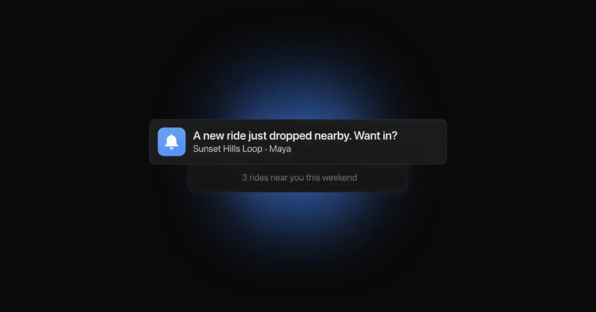 A notification reading "A new ride just dropped nearby. Want in?" above a weekend rides summary